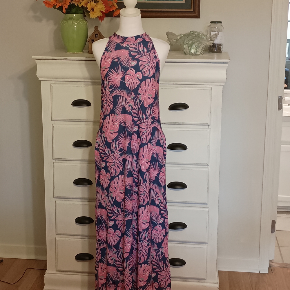 Pink and Blue Tropical Halter Maxi Dress